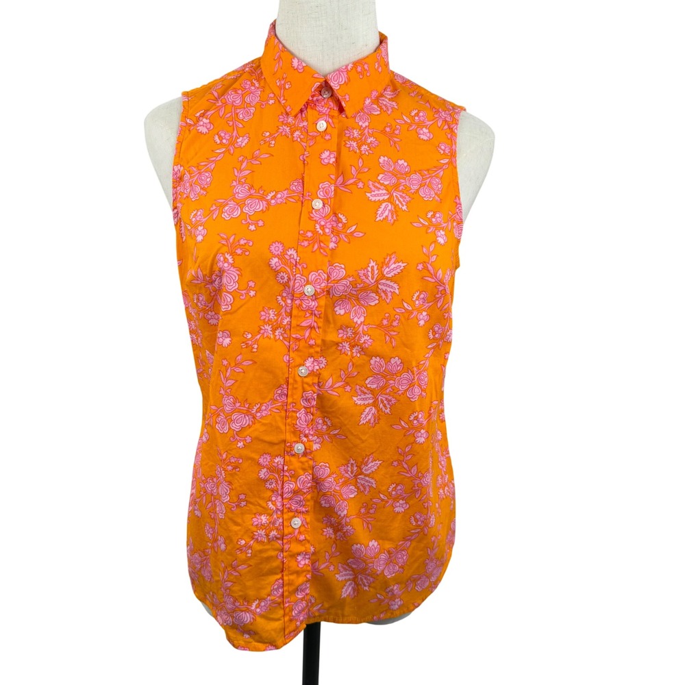J. Crew Womens S Sleeveless Button Down Orange Pink Floral Re-Imagined Top EUC